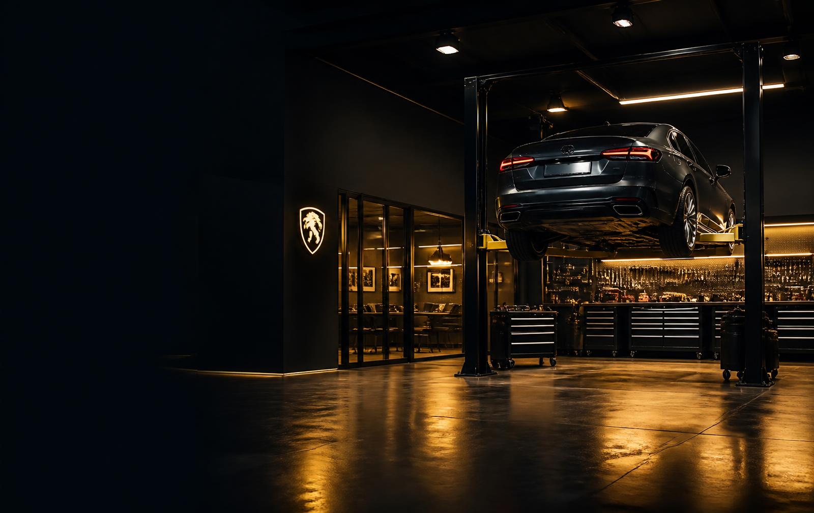 Profissionais realizando manutenção em uma oficina automotiva moderna